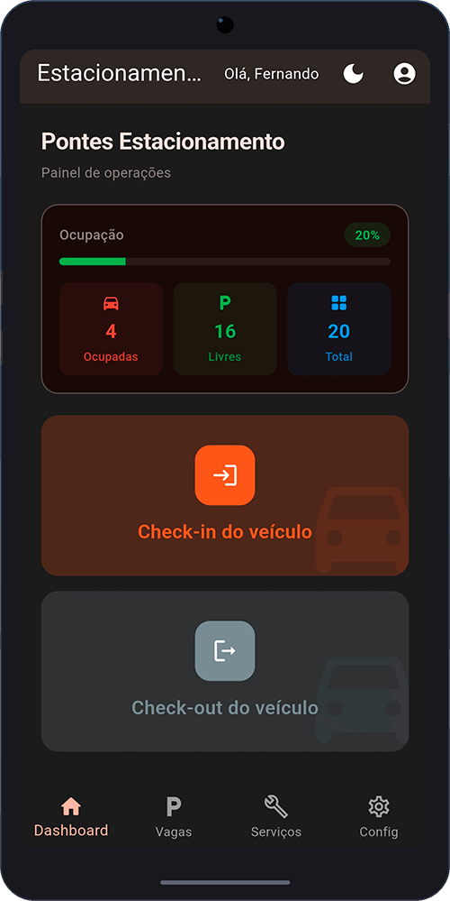 Tela inicial do Estacionamento Ágil em smartphone Android